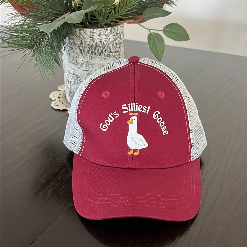 Three In, Red & White Trucker Golf  SnapBack Hat, God’s Silliest Goose Novelty